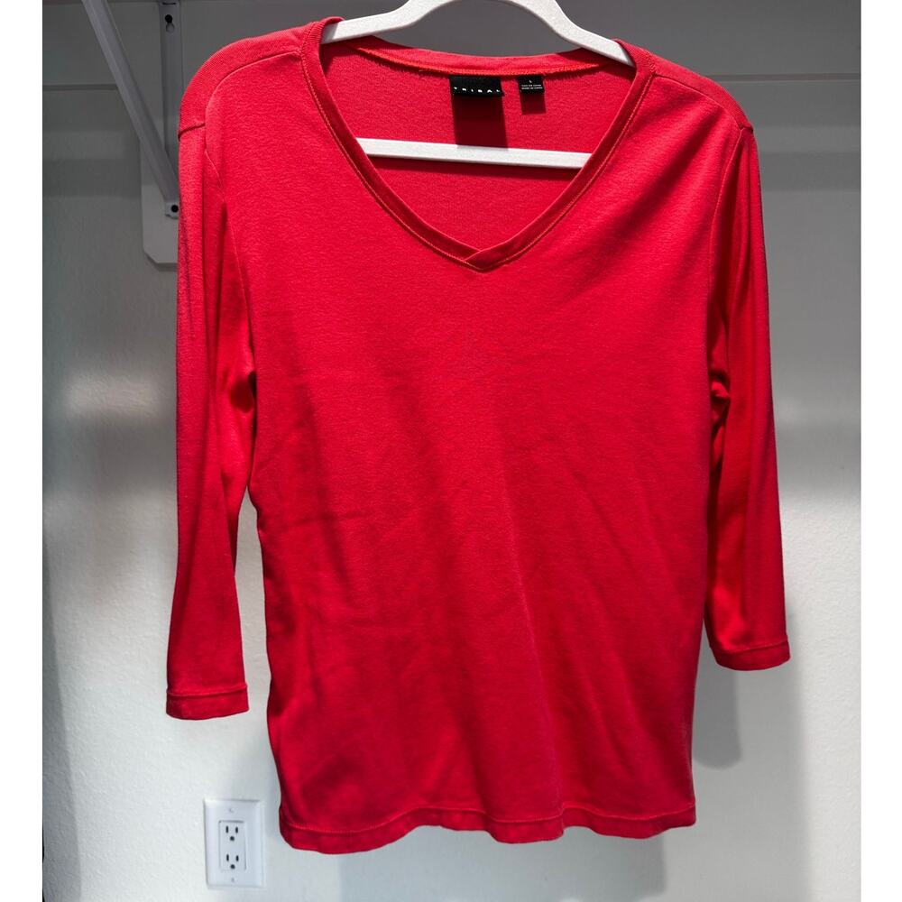 Tribal Red 3/4 Sleeve V Neck Top Soft Stretch Knit Casual Blouse Size Large